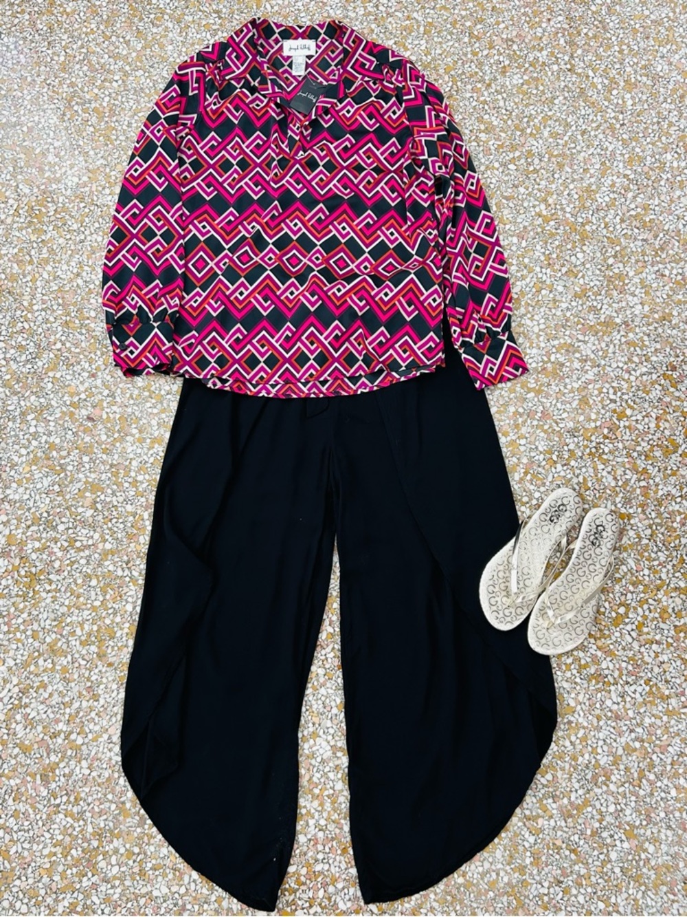 Geometric Pink & Black Button-Up Blouse NWT